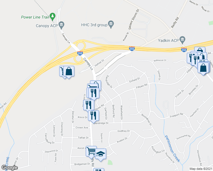 map of restaurants, bars, coffee shops, grocery stores, and more near 962 Dandridge Drive in Fayetteville
