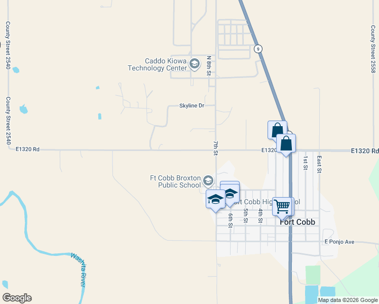 map of restaurants, bars, coffee shops, grocery stores, and more near 811 Fast Runner Road in Fort Cobb