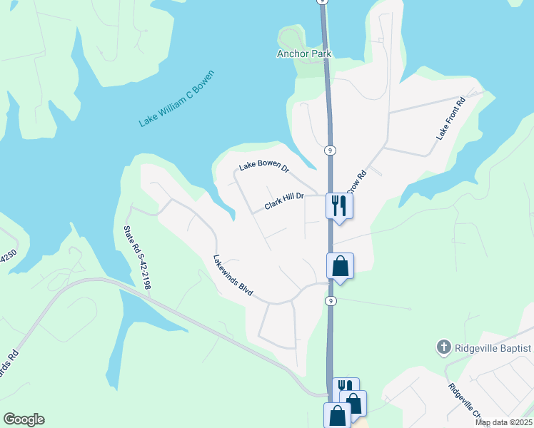 map of restaurants, bars, coffee shops, grocery stores, and more near 109 Clark Hill Drive in Inman