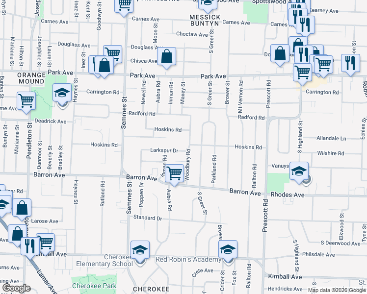 map of restaurants, bars, coffee shops, grocery stores, and more near 3186 Larkspur Drive in Memphis