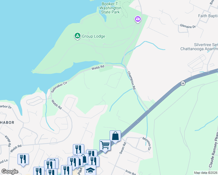 map of restaurants, bars, coffee shops, grocery stores, and more near 5260 Rotary Drive in Chattanooga