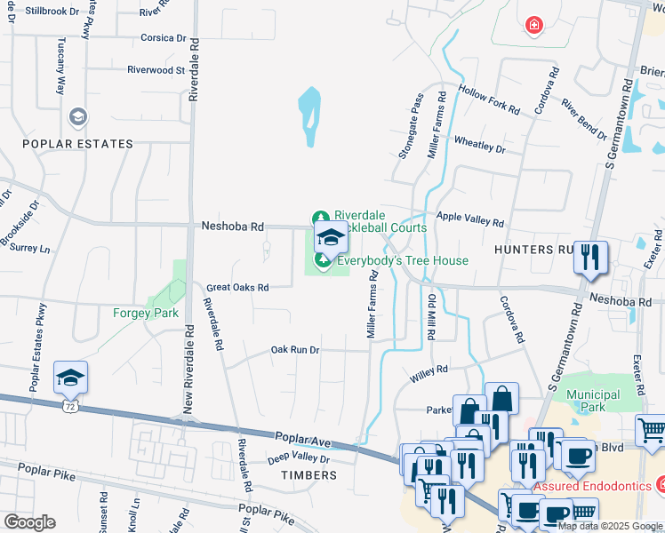 map of restaurants, bars, coffee shops, grocery stores, and more near 7391 Neshoba Road in Germantown