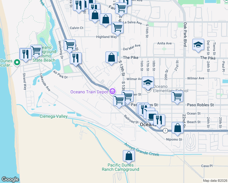 map of restaurants, bars, coffee shops, grocery stores, and more near 1633 Front Street in Oceano