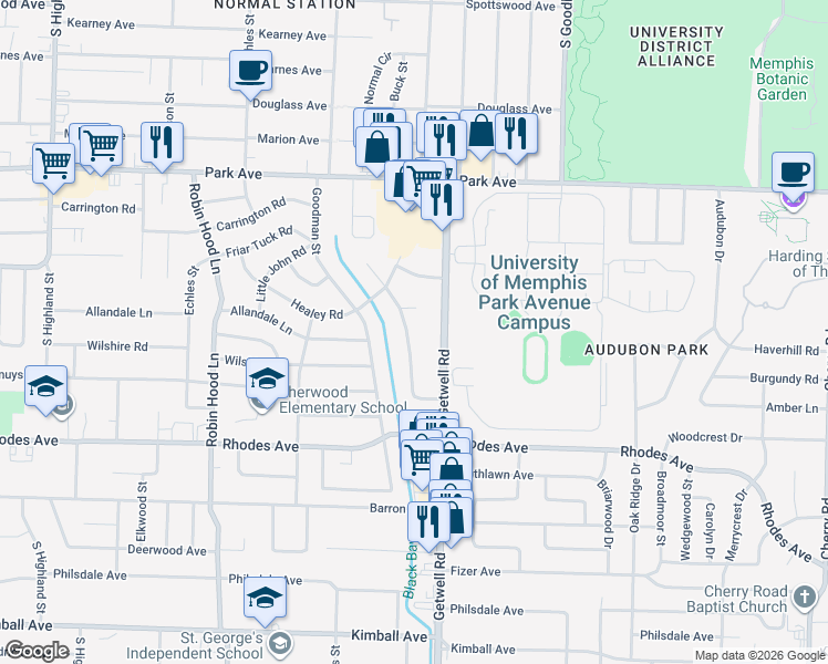 map of restaurants, bars, coffee shops, grocery stores, and more near 1033 McEvers Road in Memphis
