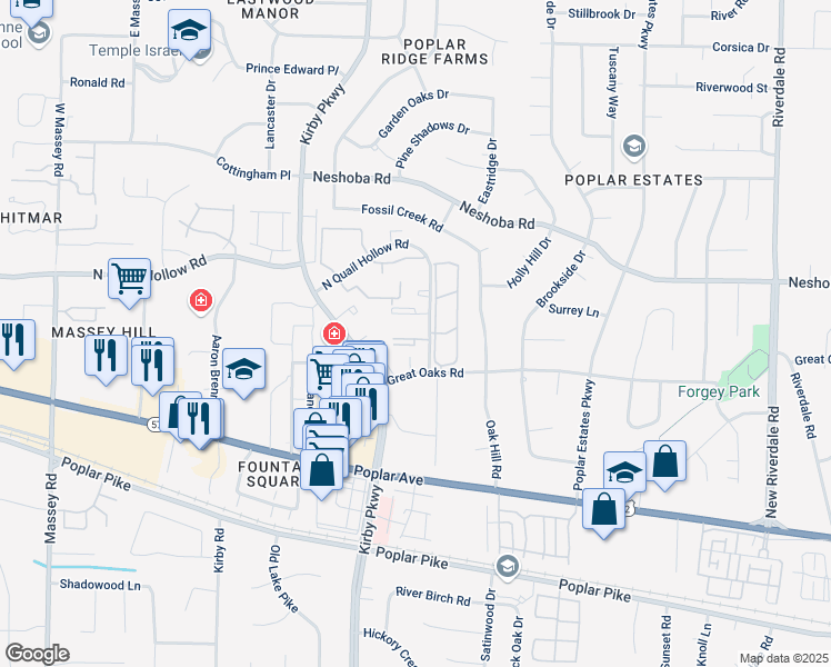 map of restaurants, bars, coffee shops, grocery stores, and more near 6770 Quail Hollow Court in Memphis