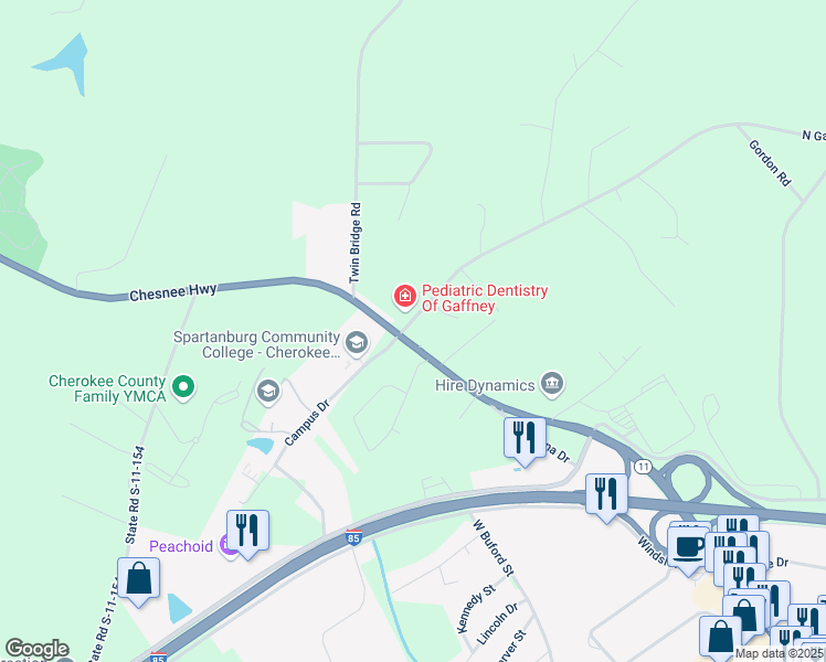 map of restaurants, bars, coffee shops, grocery stores, and more near 136 North Gate Road in Gaffney