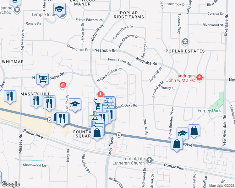 map of restaurants, bars, coffee shops, grocery stores, and more near 6770 Quail Hollow Court in Memphis