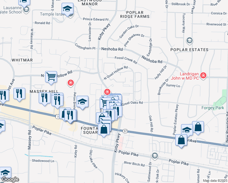 map of restaurants, bars, coffee shops, grocery stores, and more near 6720 Majestic Oak Place in Memphis