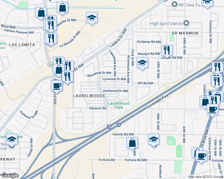 map of restaurants, bars, coffee shops, grocery stores, and more near 7524 Maplewood Drive Northwest in Albuquerque