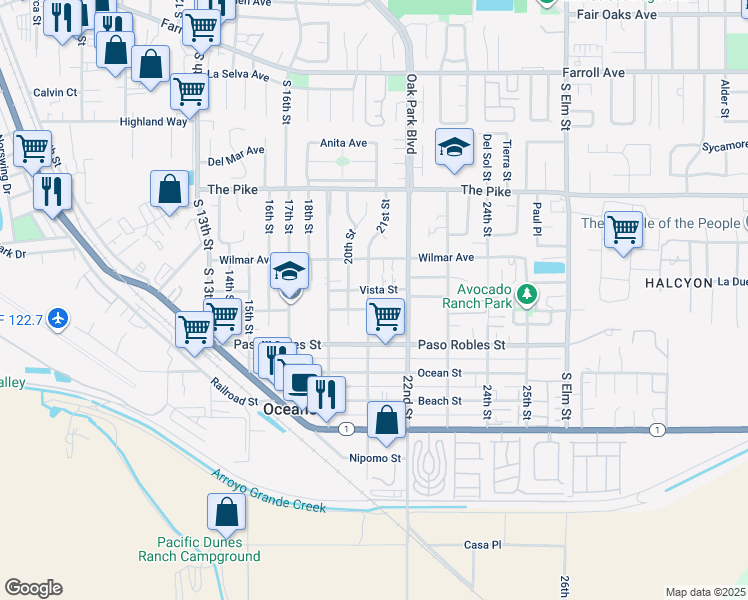 map of restaurants, bars, coffee shops, grocery stores, and more near 2100 Vista Street in Oceano