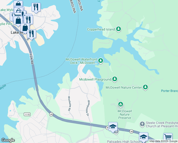 map of restaurants, bars, coffee shops, grocery stores, and more near 16101 Whitesail Drive in Charlotte