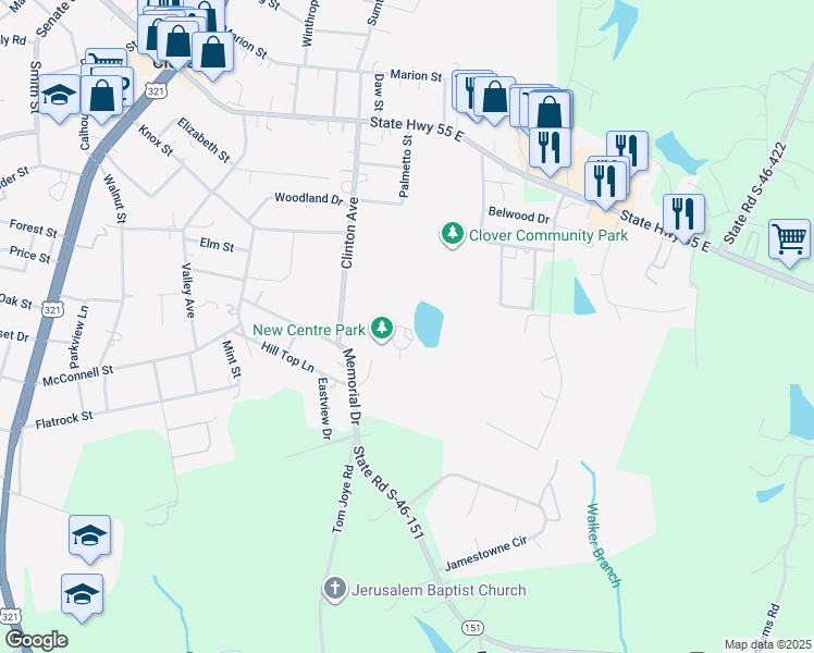 map of restaurants, bars, coffee shops, grocery stores, and more near 501 Memorial Drive in Clover