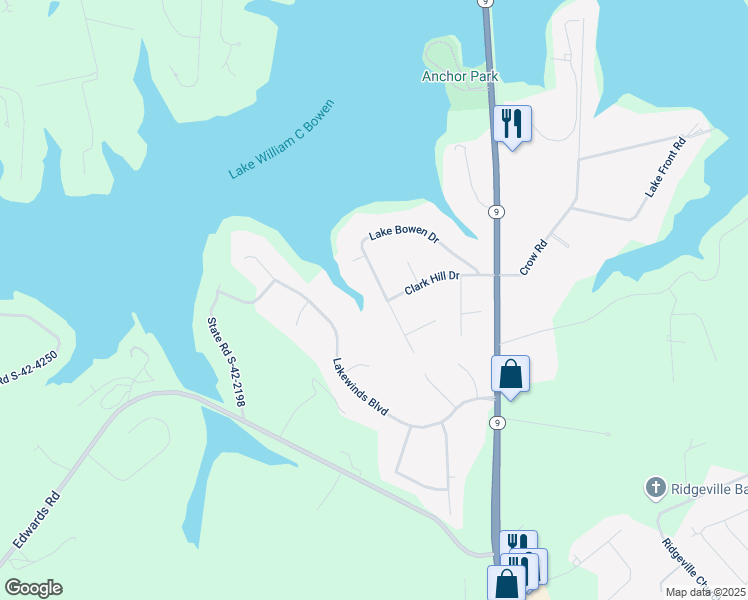 map of restaurants, bars, coffee shops, grocery stores, and more near 156 Lake Bowen Drive in Inman