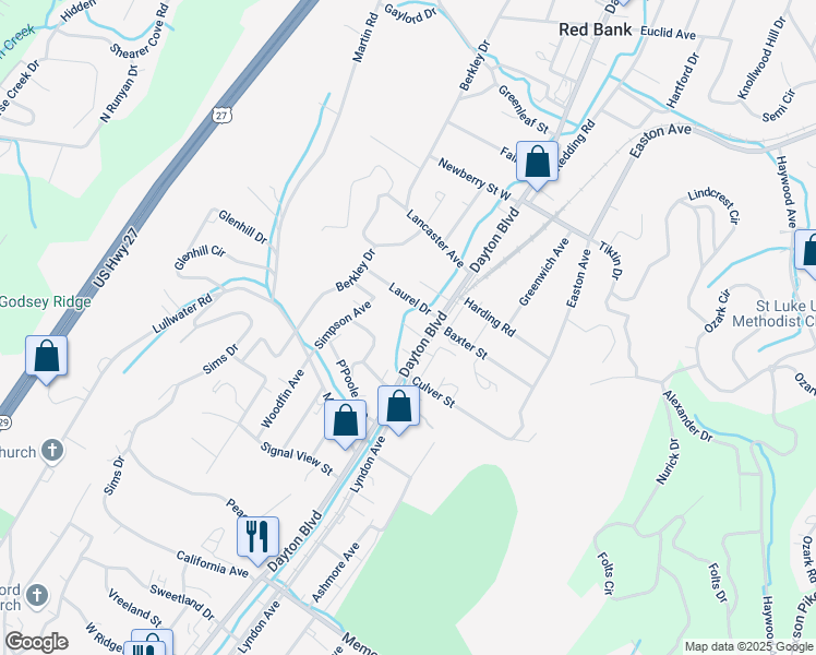 map of restaurants, bars, coffee shops, grocery stores, and more near 104 Laurel Drive in Chattanooga