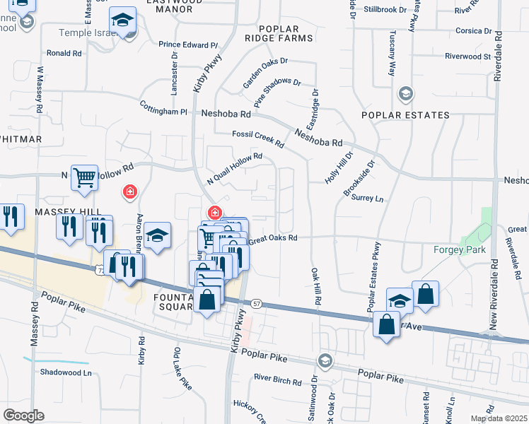 map of restaurants, bars, coffee shops, grocery stores, and more near 6770 Quail Hollow Court in Memphis