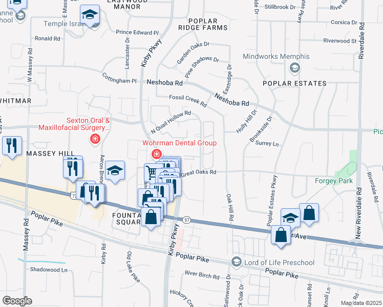 map of restaurants, bars, coffee shops, grocery stores, and more near 6770 Quail Hollow Court in Memphis