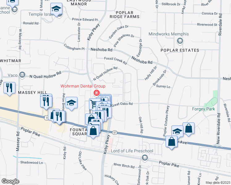 map of restaurants, bars, coffee shops, grocery stores, and more near 6770 Quail Hollow Court in Memphis