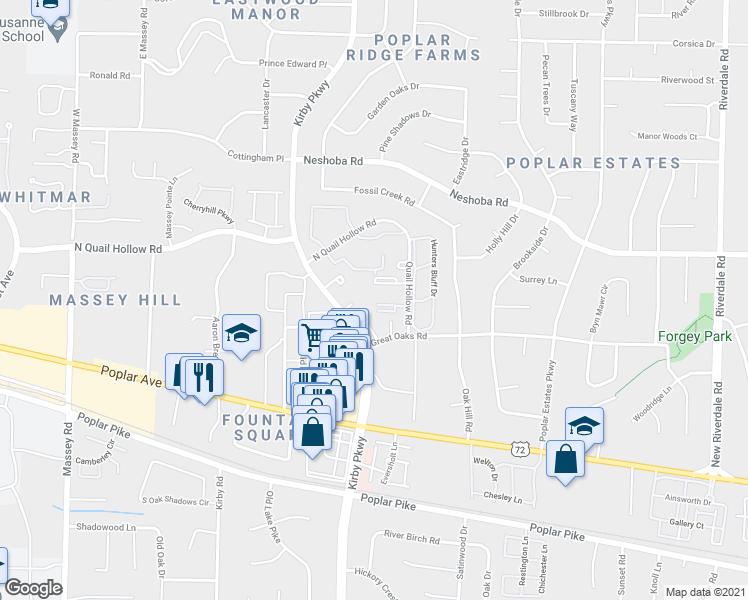 map of restaurants, bars, coffee shops, grocery stores, and more near 6720 Majestic Oak Place in Memphis