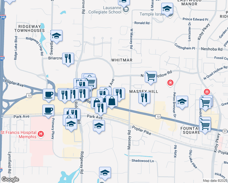 map of restaurants, bars, coffee shops, grocery stores, and more near 6300 Briarcrest Avenue in Memphis