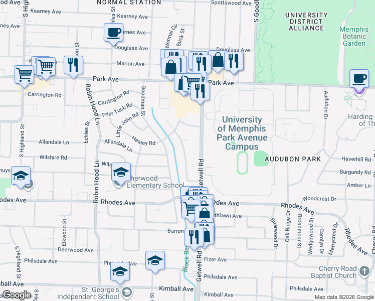 map of restaurants, bars, coffee shops, grocery stores, and more near 1033 McEvers Road in Memphis
