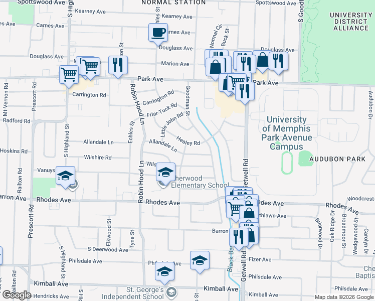 map of restaurants, bars, coffee shops, grocery stores, and more near 3811 Healey Road in Memphis