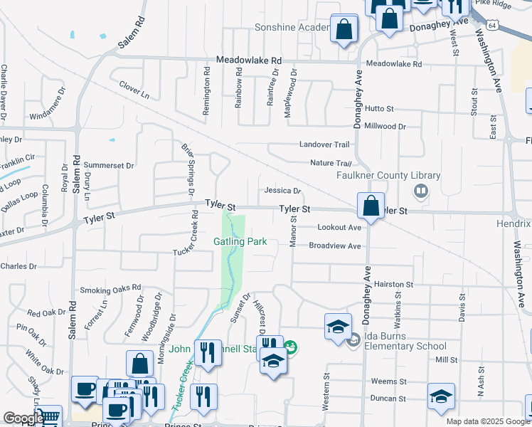 map of restaurants, bars, coffee shops, grocery stores, and more near 2435 Tyler Street in Conway