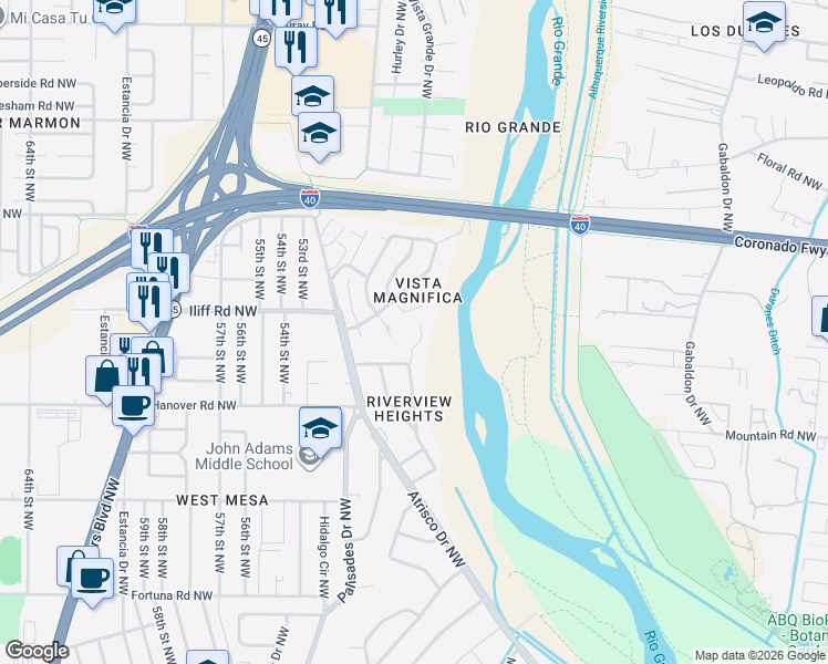 map of restaurants, bars, coffee shops, grocery stores, and more near 1613 Bluffside Place Northwest in Albuquerque
