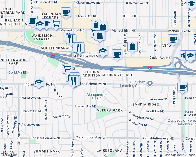 map of restaurants, bars, coffee shops, grocery stores, and more near in Albuquerque