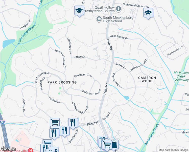 map of restaurants, bars, coffee shops, grocery stores, and more near 9406 Penshurst Trce in Charlotte
