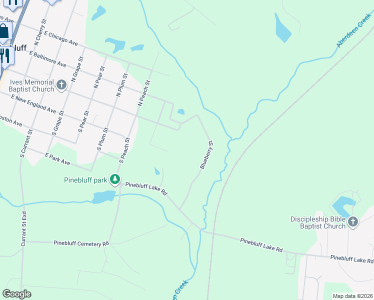 map of restaurants, bars, coffee shops, grocery stores, and more near 135 Blueberry Street in Pinebluff