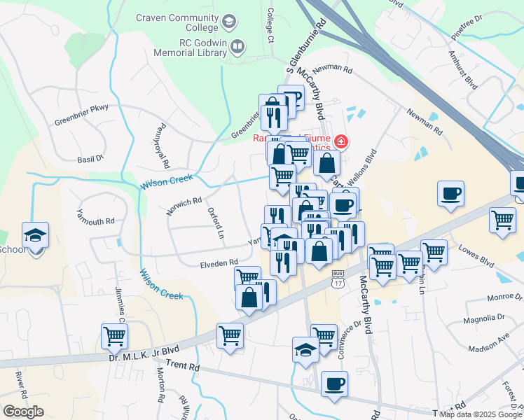 map of restaurants, bars, coffee shops, grocery stores, and more near 1529 College Way in New Bern
