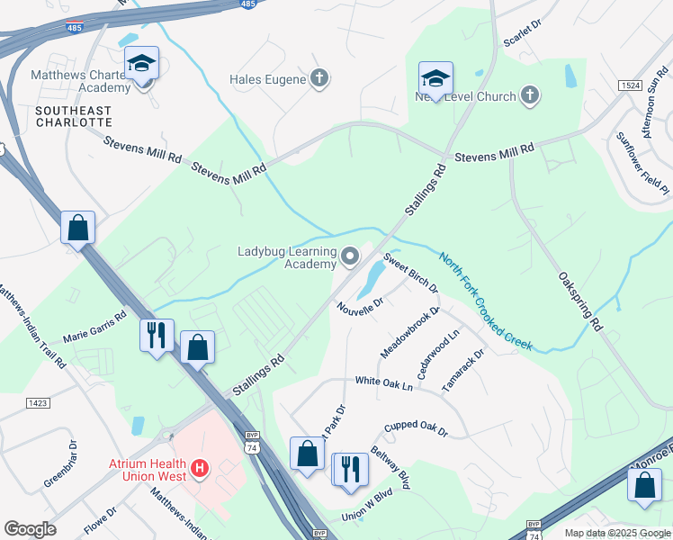 map of restaurants, bars, coffee shops, grocery stores, and more near 2243 Stallings Road in Stallings