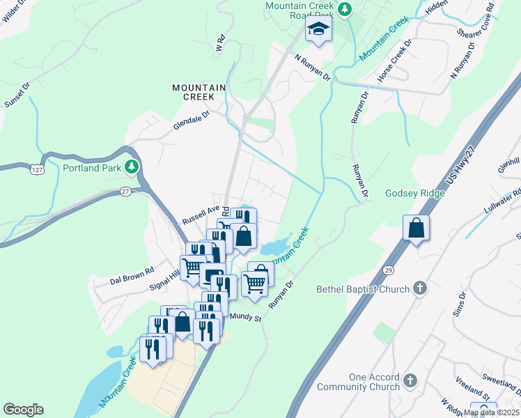 map of restaurants, bars, coffee shops, grocery stores, and more near 900 Mountain Creek Road in Chattanooga
