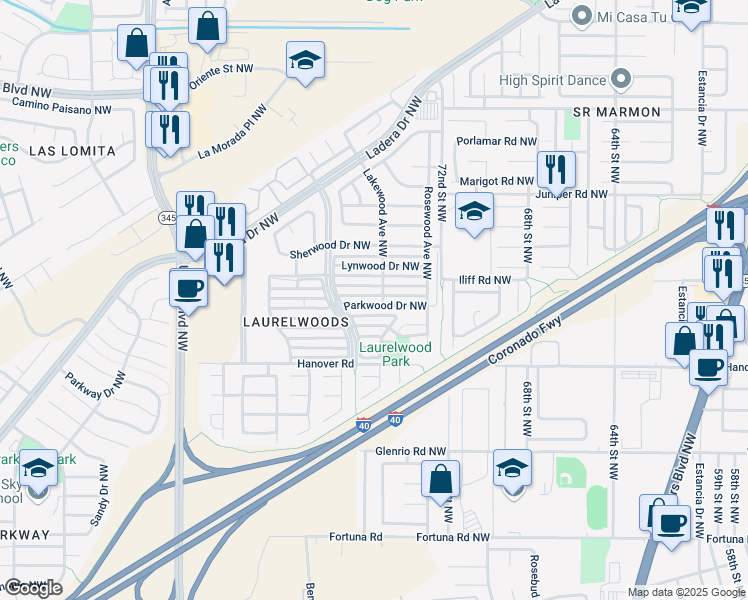 map of restaurants, bars, coffee shops, grocery stores, and more near 7524 Maplewood Drive Northwest in Albuquerque