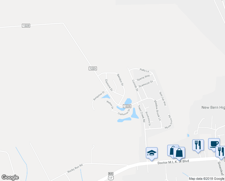 map of restaurants, bars, coffee shops, grocery stores, and more near 400 Elsmore Drive in New Bern