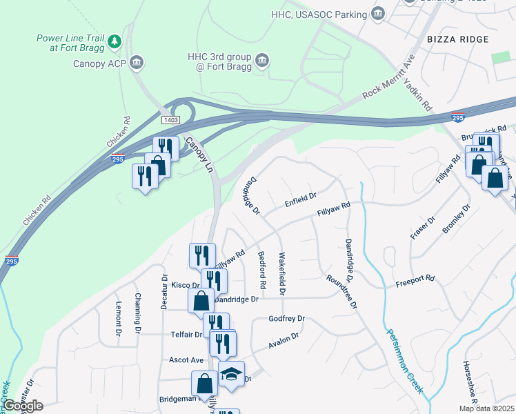 map of restaurants, bars, coffee shops, grocery stores, and more near 967 Dandridge Drive in Fayetteville