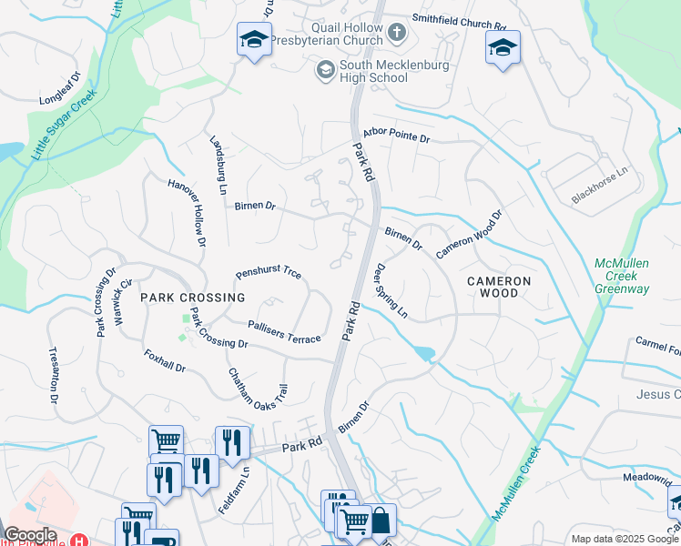 map of restaurants, bars, coffee shops, grocery stores, and more near 9451 South Vicksburg Park Court in Charlotte