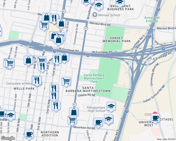 map of restaurants, bars, coffee shops, grocery stores, and more near 1864 Broadway Place Northeast in Albuquerque