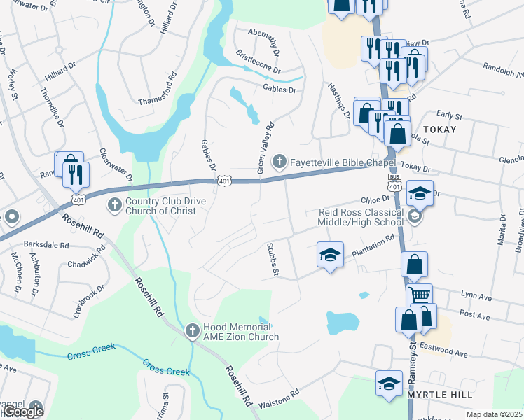 map of restaurants, bars, coffee shops, grocery stores, and more near 3320 Green Valley Road in Fayetteville