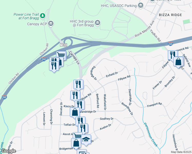 map of restaurants, bars, coffee shops, grocery stores, and more near 967 Dandridge Drive in Fayetteville