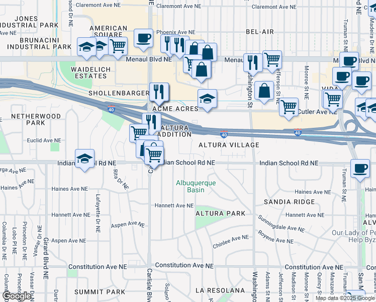 map of restaurants, bars, coffee shops, grocery stores, and more near in Albuquerque