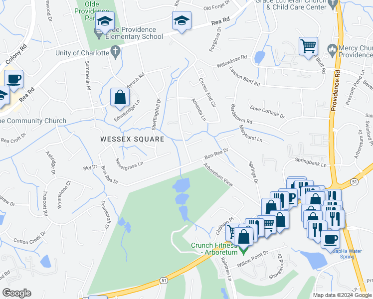 map of restaurants, bars, coffee shops, grocery stores, and more near 7610 Swans Run Road in Charlotte