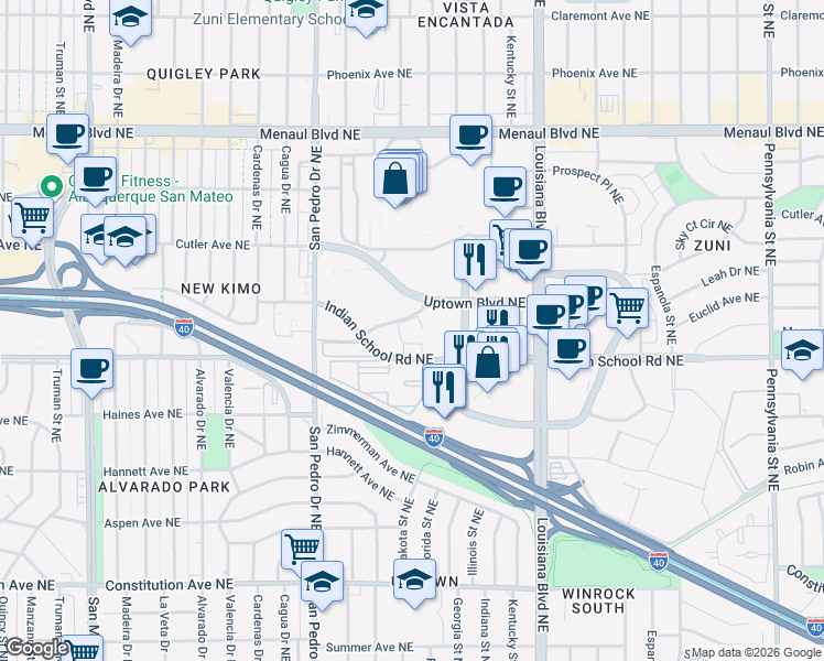 map of restaurants, bars, coffee shops, grocery stores, and more near 6303 Indian School Road Northeast in Albuquerque