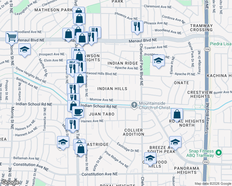 map of restaurants, bars, coffee shops, grocery stores, and more near 1820 Zena Lona Court Northeast in Albuquerque