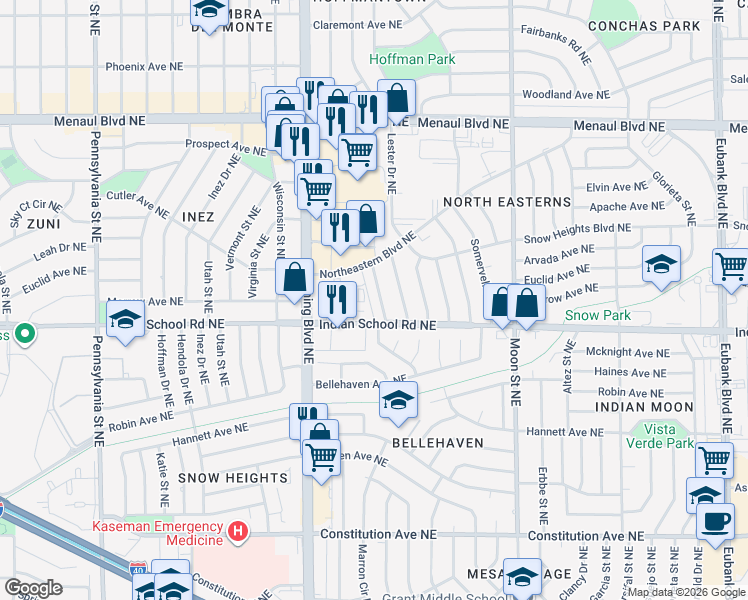 map of restaurants, bars, coffee shops, grocery stores, and more near 1823 Luthy Drive Northeast in Albuquerque