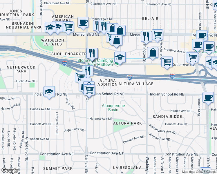 map of restaurants, bars, coffee shops, grocery stores, and more near in Albuquerque
