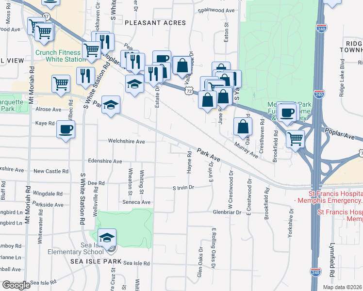 map of restaurants, bars, coffee shops, grocery stores, and more near 5397 Park Avenue in Memphis