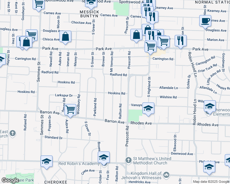 map of restaurants, bars, coffee shops, grocery stores, and more near 1053 Railton Road in Memphis