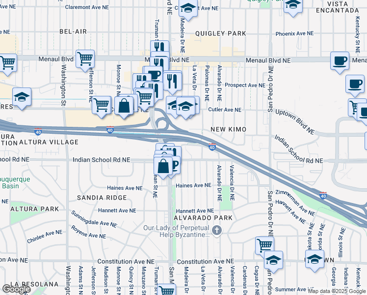 map of restaurants, bars, coffee shops, grocery stores, and more near 2218 Madeira Drive Northeast in Albuquerque