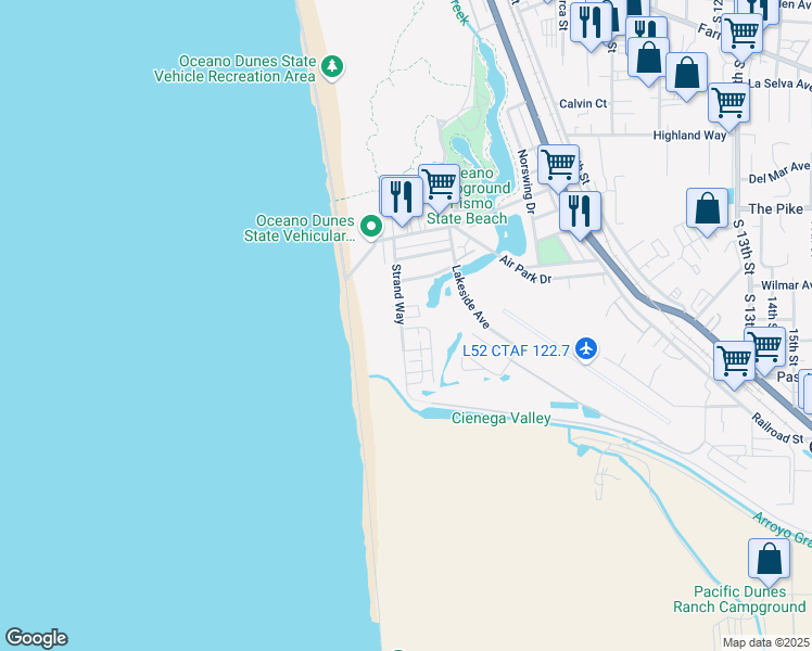 map of restaurants, bars, coffee shops, grocery stores, and more near 1575 Strand Way in Oceano